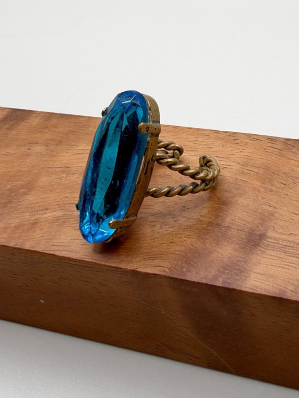 VTG 50s West Germany Blue Glass Cocktail Ring Adjustable Mid Century Atomic MCM